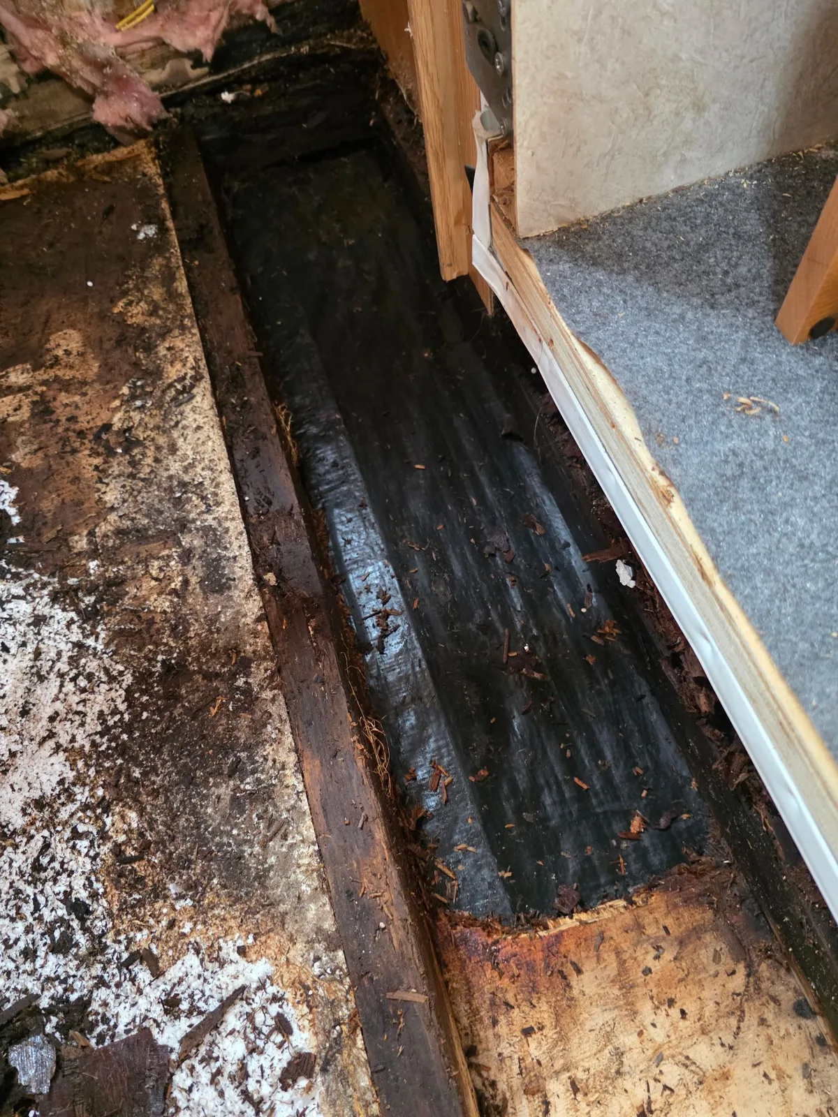 Damaged RV floor exposed for substrate replacement